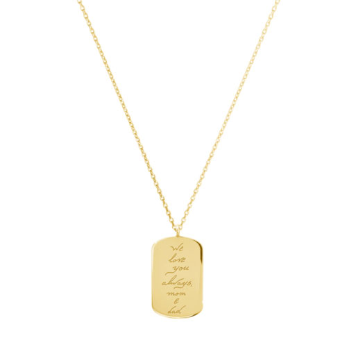 An ID Pendant with an engraved personal message in yellow gold