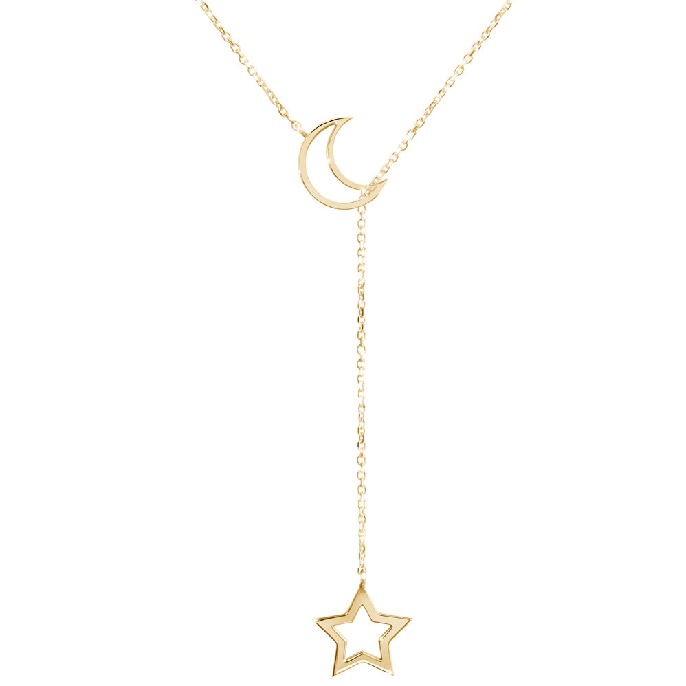 Lariat style necklace with a moon and a star in yellow gold