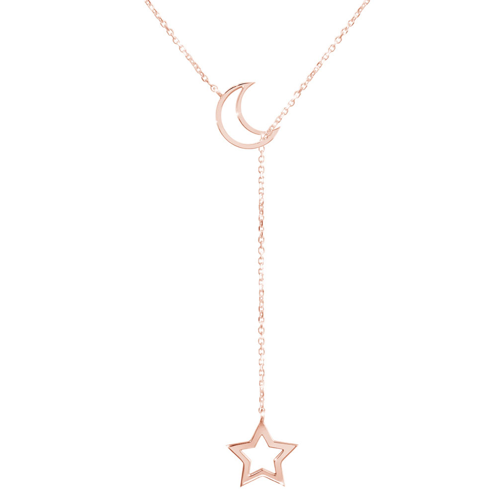 Lariat style necklace with a moon and a star in rose gold