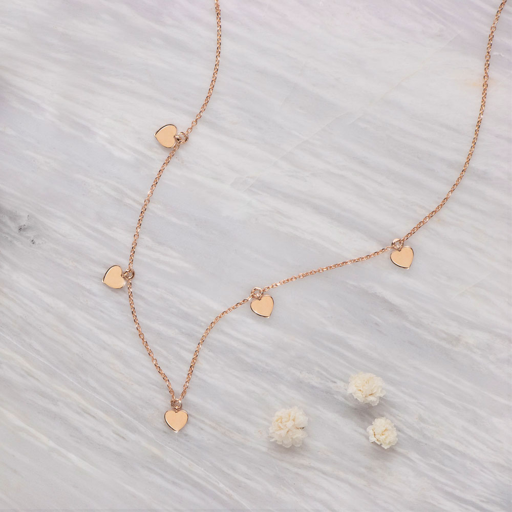 Tiny Multiple Hearts Dangling, Rose Gold Necklace