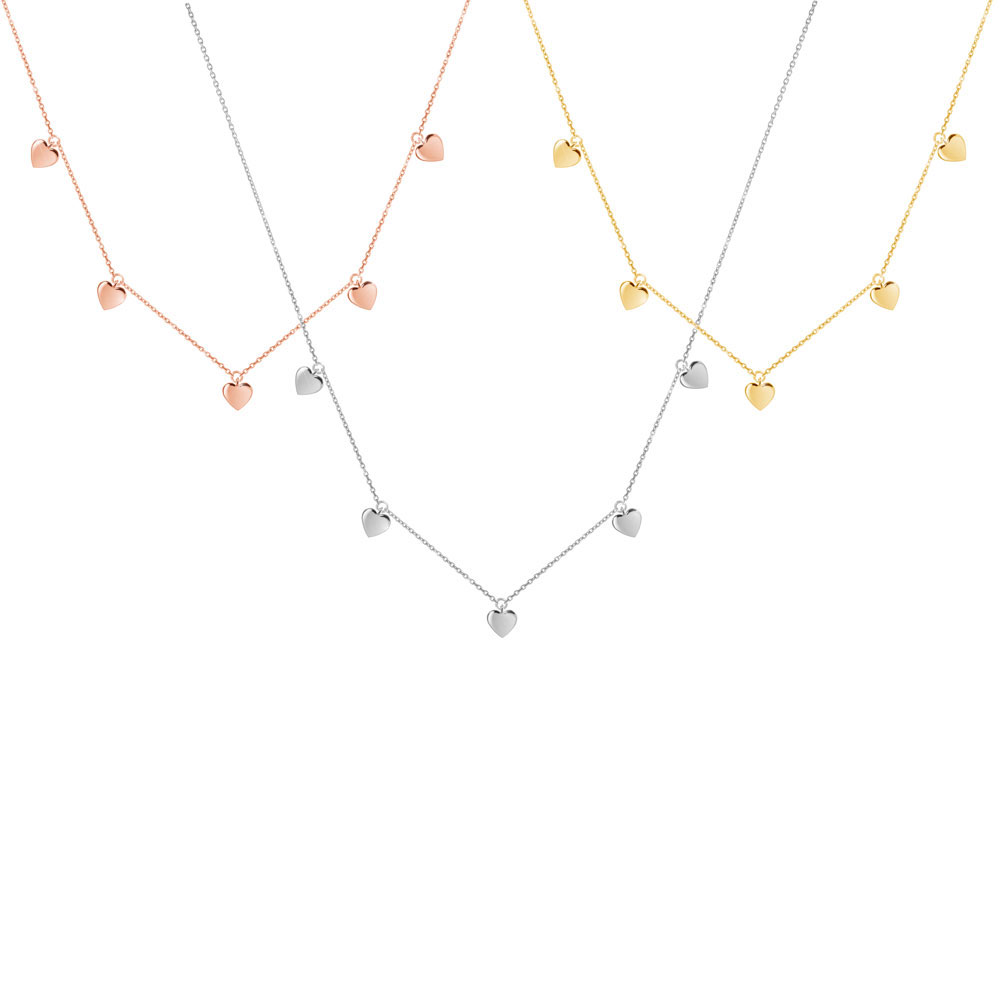 All Three Options Of The Tiny Multiple Hearts Dangling, Solid Gold Necklace