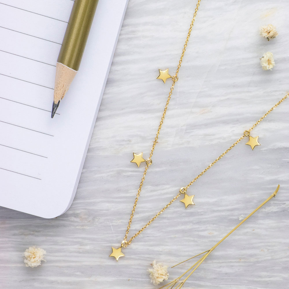 Tiny Multi Stars, Yellow Gold Dangling Necklace
