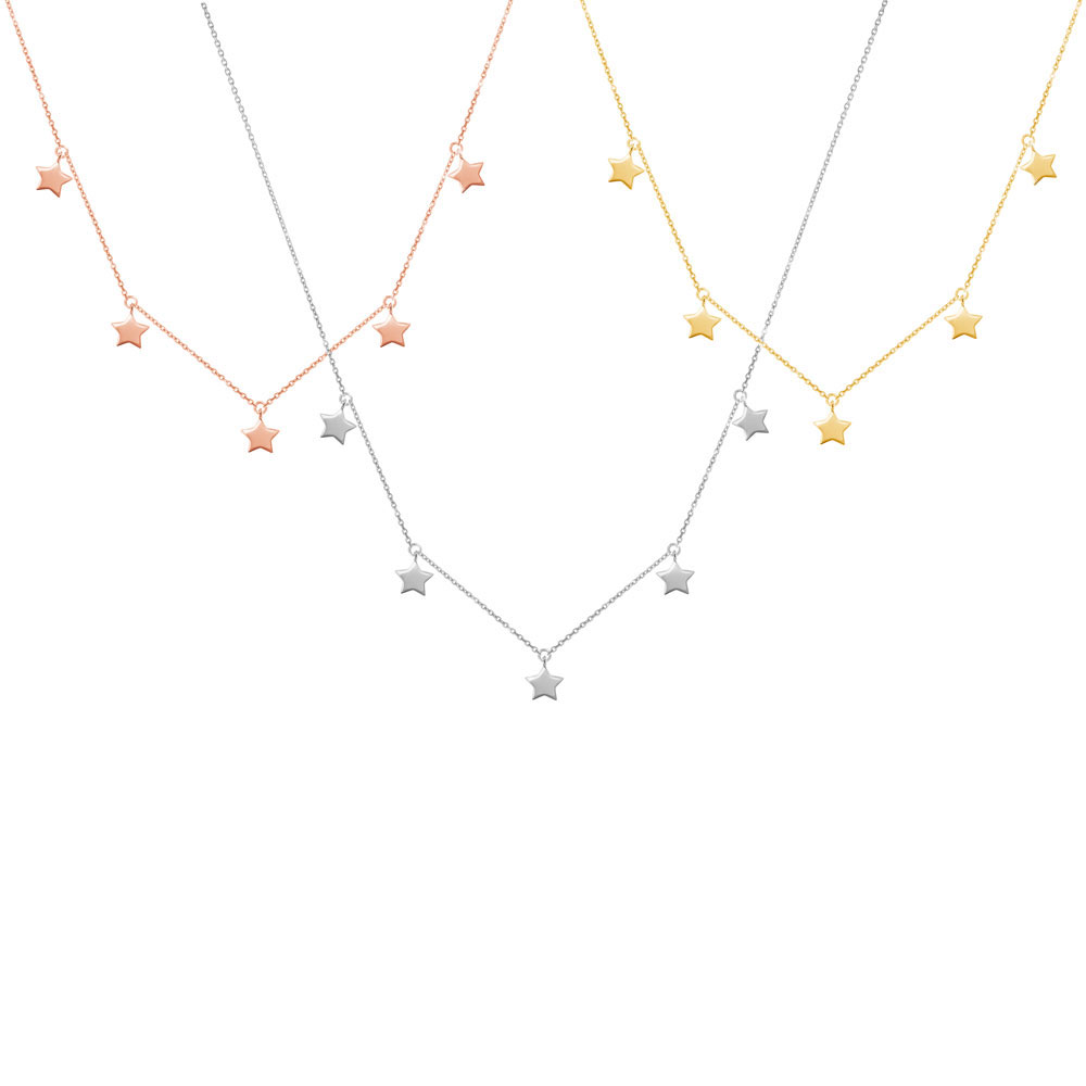 All Three Options Of The Tiny Multi Stars, Solid Gold Dangling Necklace