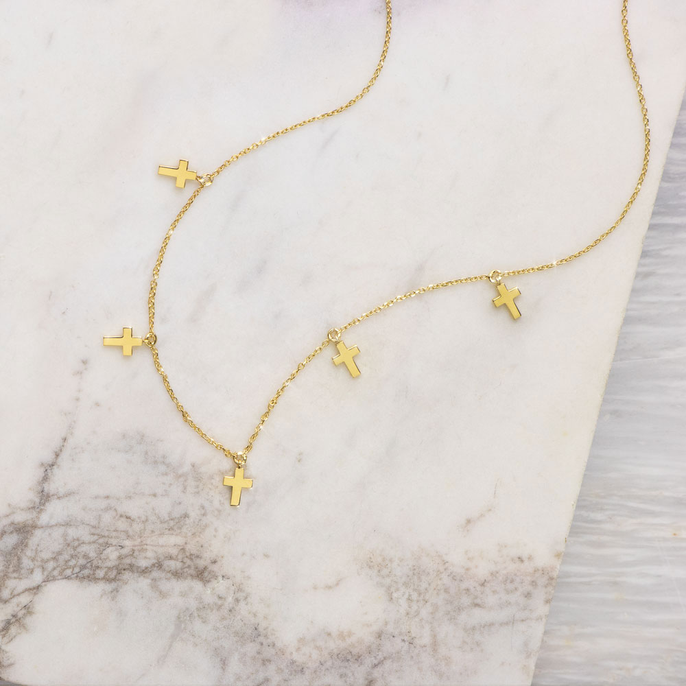 Tiny Dangling Cross Charms, Necklace in Yellow Gold