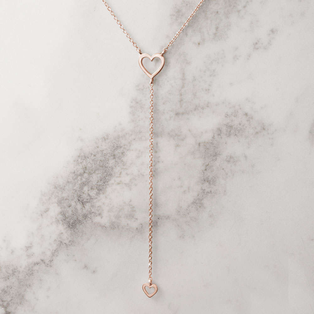Rose Gold Y Necklace with Two Dainty Hearts