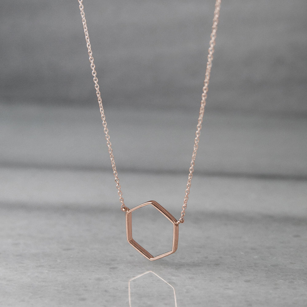 Small Hexagon Charm, Geometric Necklace in Rose Gold