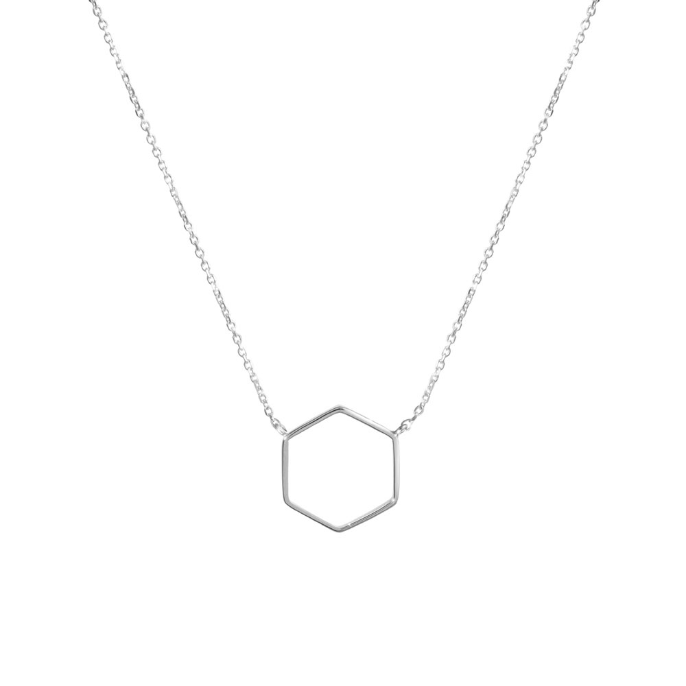 Small Hexagon Charm, Geometric Necklace in White Gold