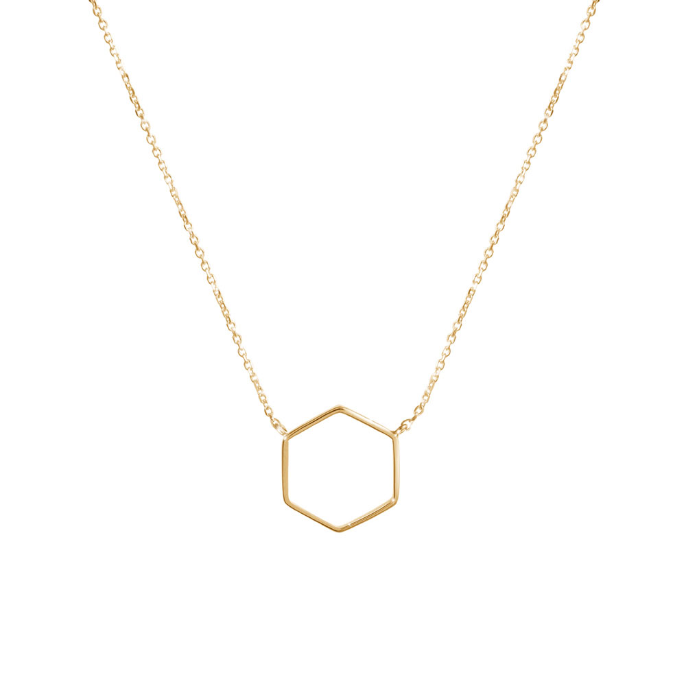 Small Hexagon Charm, Geometric Necklace in Yellow Gold