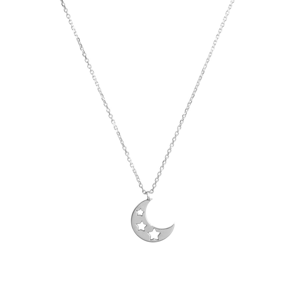 Crescent Moon with Stars Pendant Necklace In White Gold