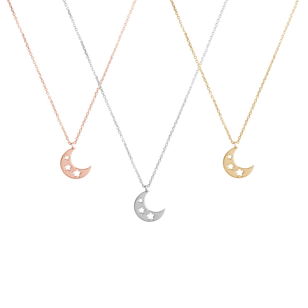 All Three Of The Crescent Moon with Stars Pendant Necklace In Solid Gold