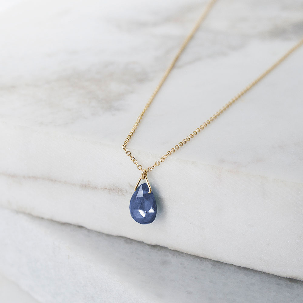 Tiny Sapphire Birthstone Pendant Necklace with a Yellow Gold Chain