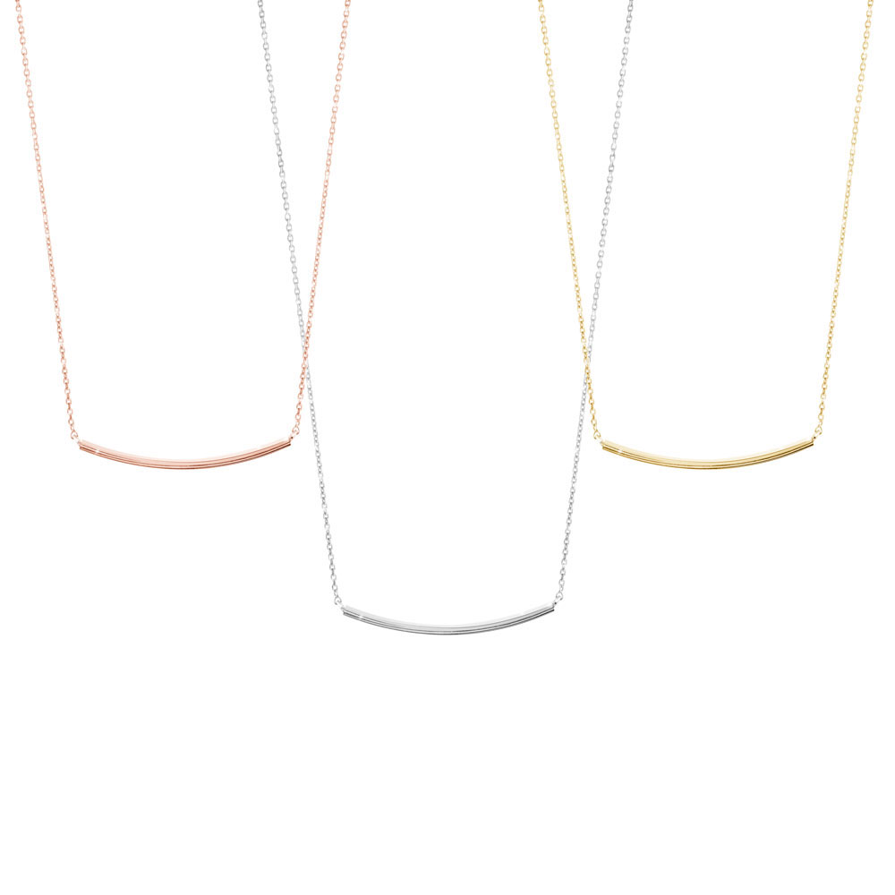 All Three Options Of The Curved Thin Bar Necklace in Solid Gold