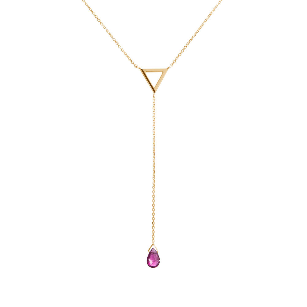 Yellow Gold Y Necklace with a Triangle and a Tiny Tourmaline