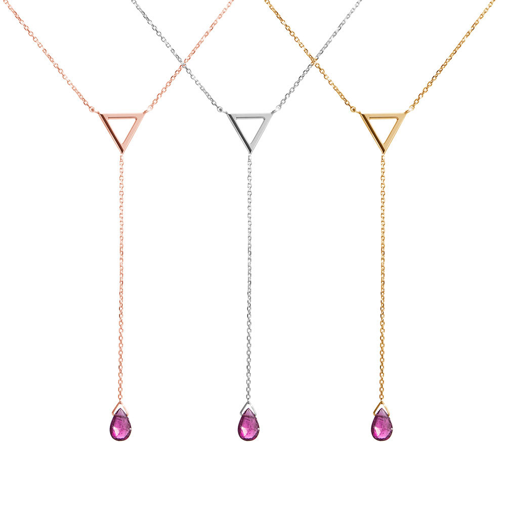 All Three Options Of The Gold Y Necklace with a Triangle and a Tiny Tourmaline