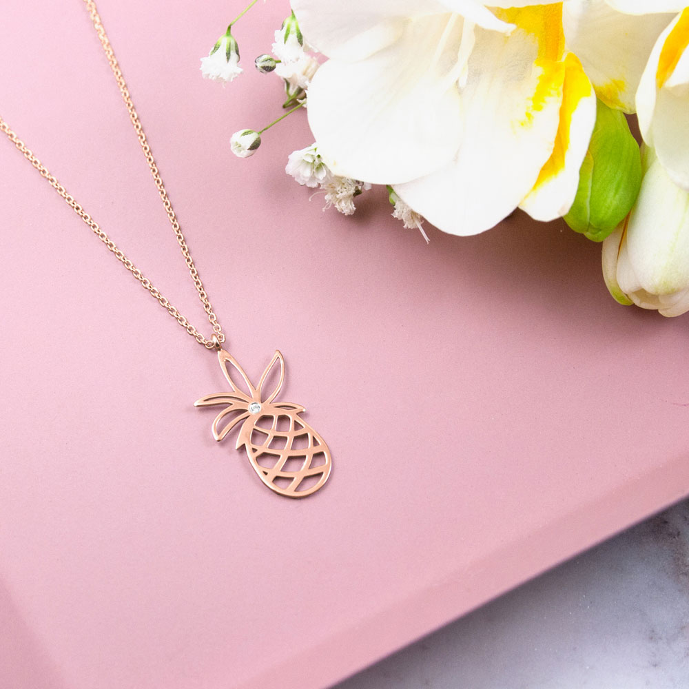 Gold Pineapple Pendant Necklace In Rose Gold a Tiny White Diamond