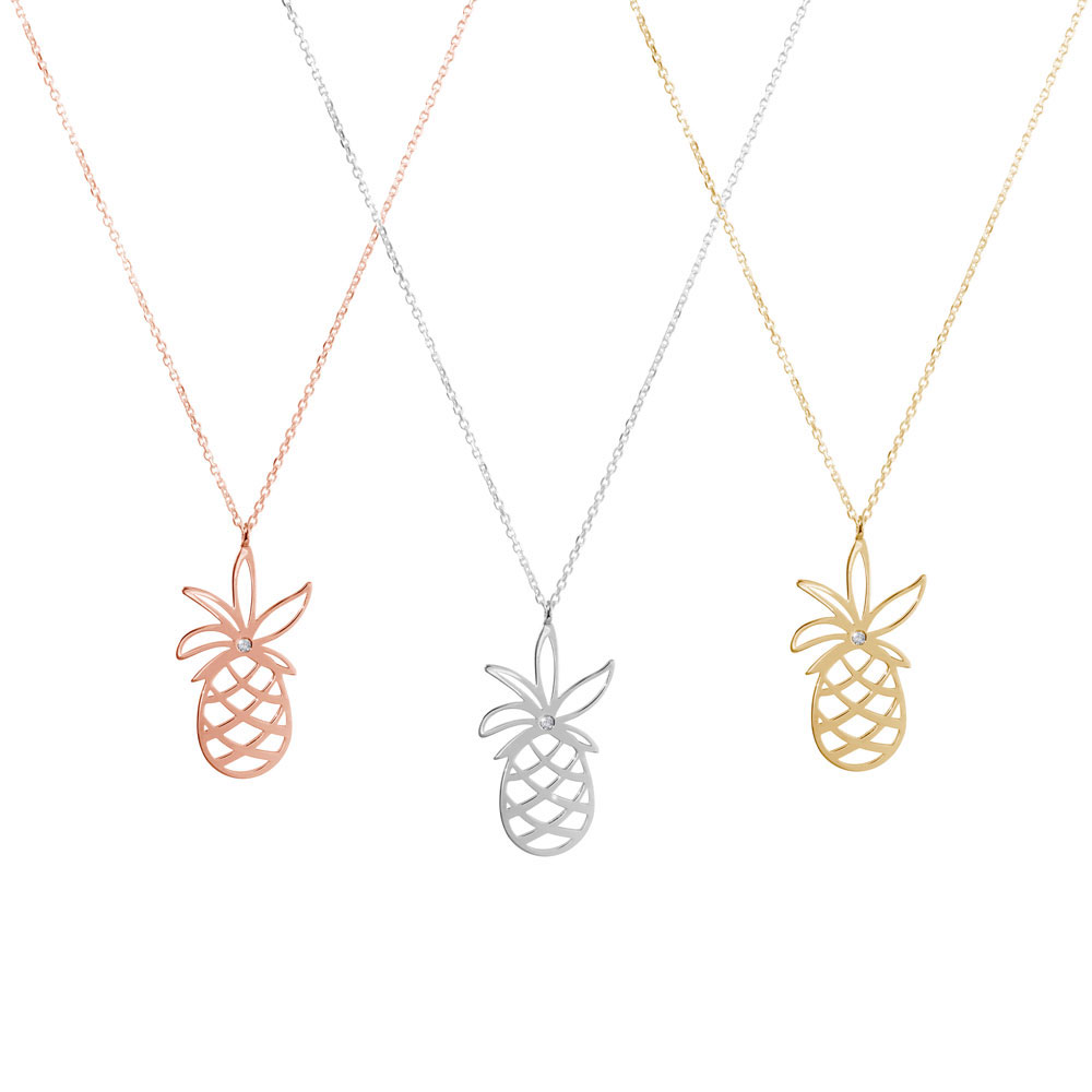 All Three Options Of The Gold Pineapple Pendant Necklace with a Tiny White Diamond