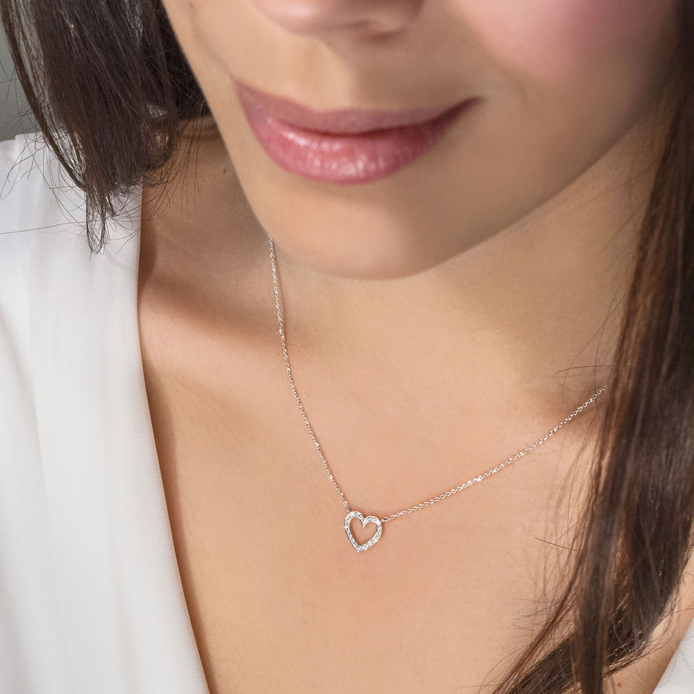 Romantic Heart with Diamonds, Necklace in White Gold Worn By A Woman