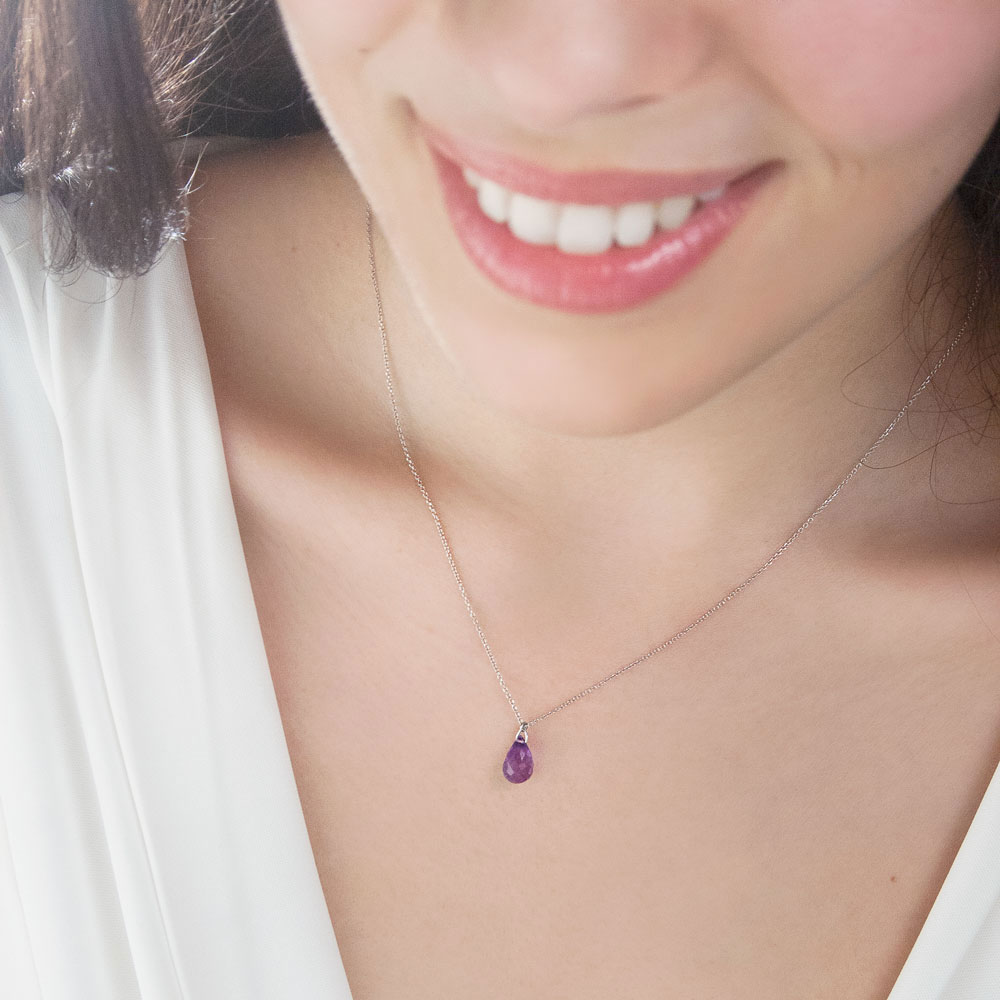 Amethyst Birthstone Pendant Necklace with a White Gold Chain Worn By A Woman