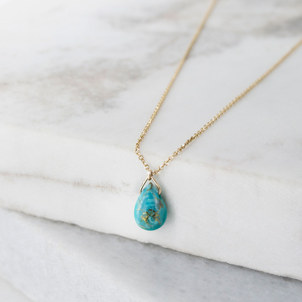 Turquoise Birthstone Pendant Necklace with a Yellow Gold Chain