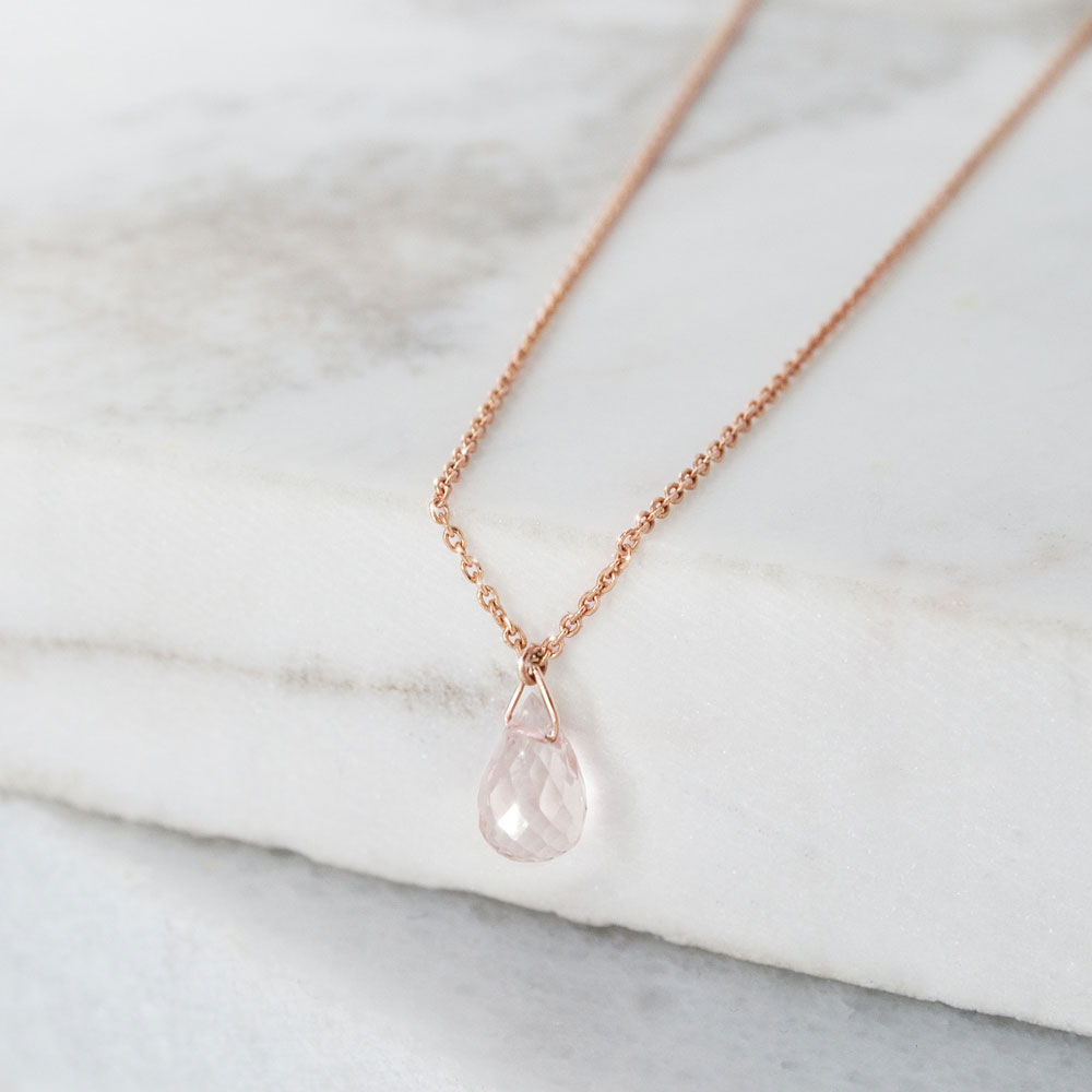 Pink Quartz Gemstone Pendant Necklace with a Rose Gold Chain