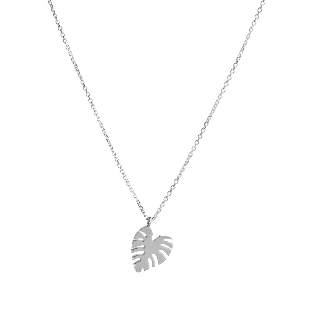 Small Monstera Leaf Pendant Necklace in White Gold