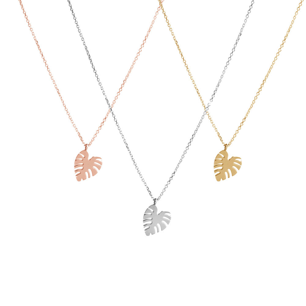All Three Options Of The Small Monstera Leaf Pendant Necklace in Solid Gold
