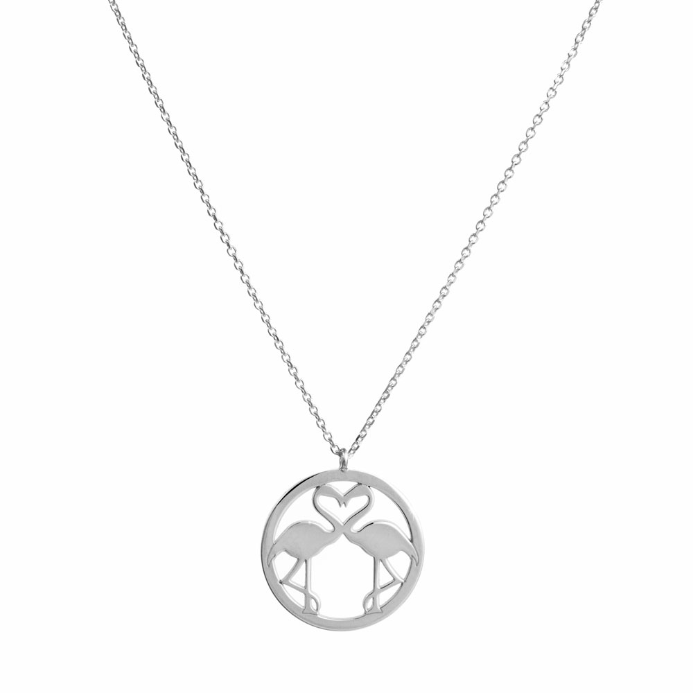 Double Flamingo Pendant Necklace in White Gold