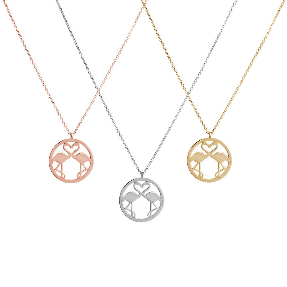 All Three Options Of The Double Flamingo Pendant Necklace in Solid Gold