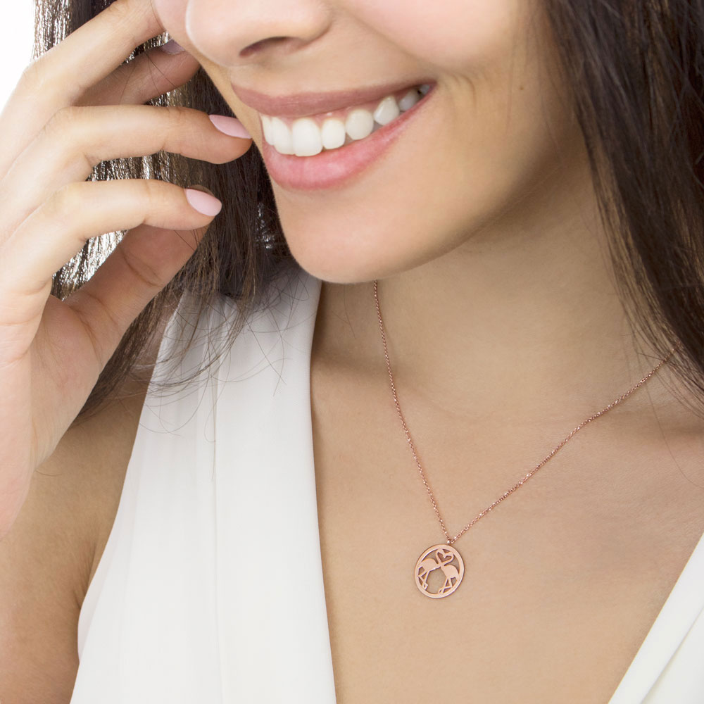 Double Flamingo Pendant Necklace in Rose Gold Worn By A Woman
