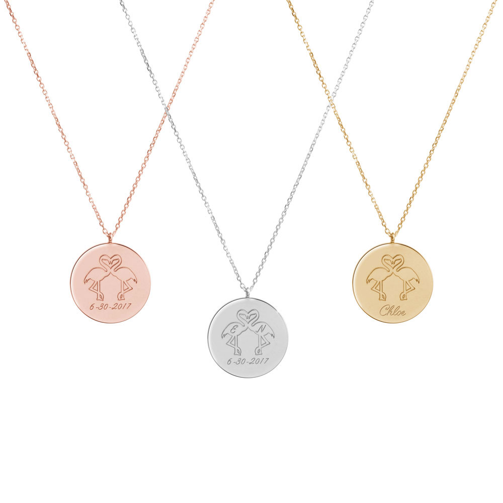 All Three Options Of The Double Engraved Flamingo Pendant Necklace in Solid Gold