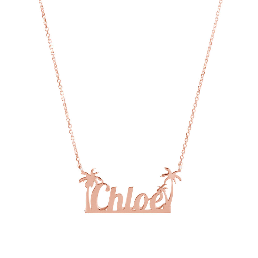 Personalized Necklace with a Name and Palm Trees in Rose Gold