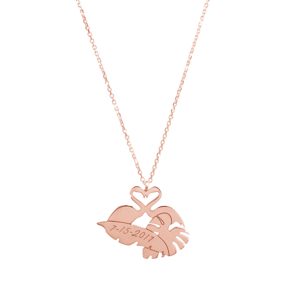 Personalized Pendant Necklace with Flamingos and Tropical Leaves In Rose Gold
