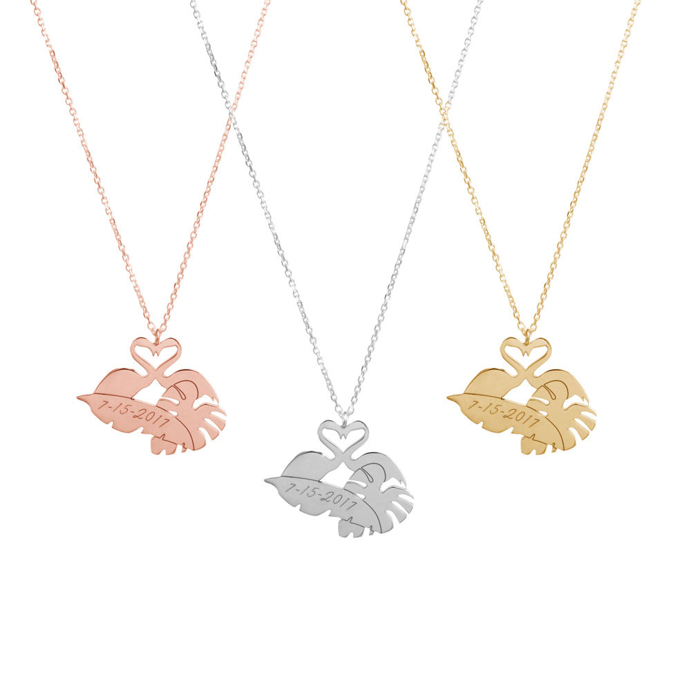 All Three Options Of The Personalized Pendant Necklace with Flamingos and Tropical Leaves In Solid Gold