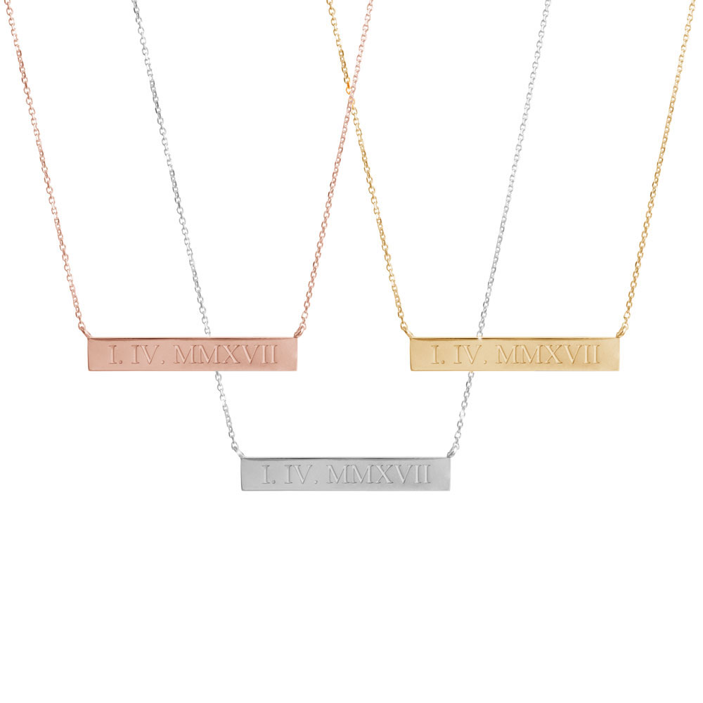 All Three Options Of The Roman Numeral Gold Bar Necklace, Personalized