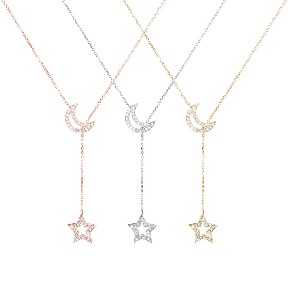 All Three Options Of The Diamond Moon and Star, Lariat Style Necklace In Solid Gold