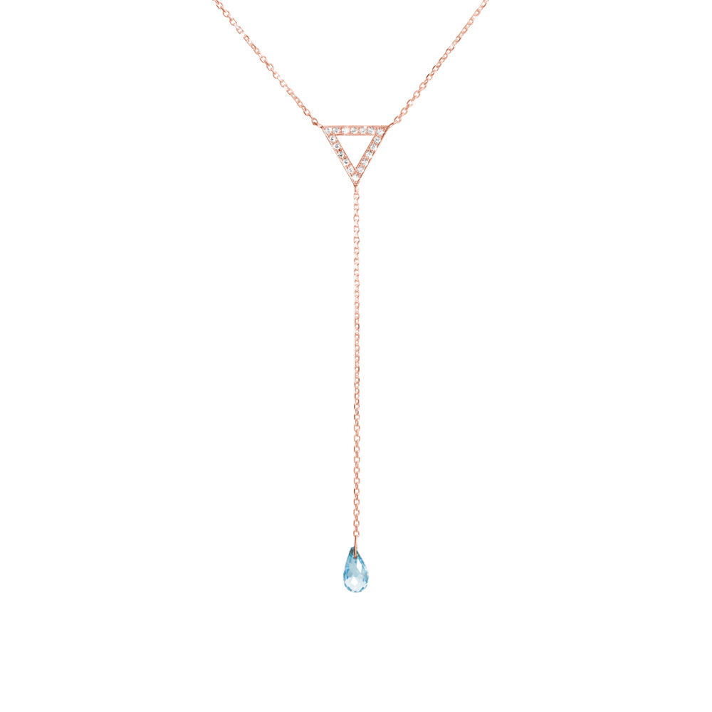 Y Necklace In Rose Gold with a Diamond Triangle and a Blue Topaz