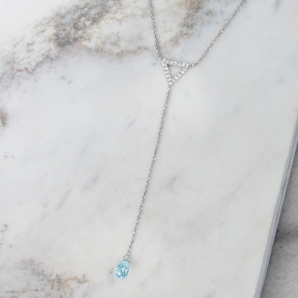 Y Necklace In White Gold with a Diamond Triangle and a Blue Topaz
