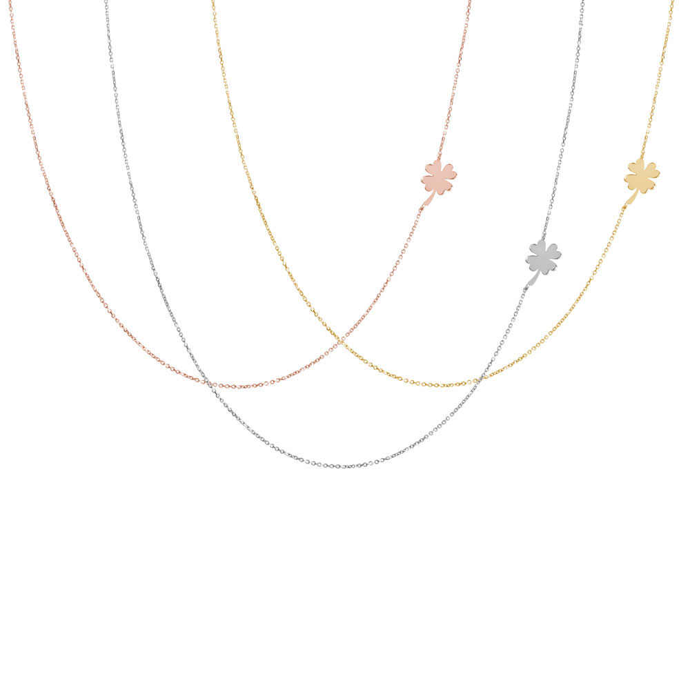 All Three Options Of The Solid Gold Necklace with a Four-Leaf Clover on the Side