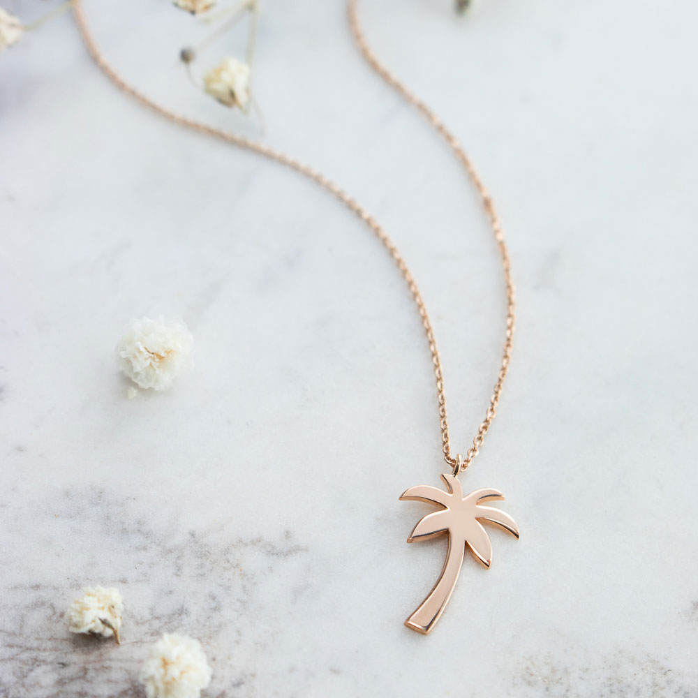 Dainty Palm Tree Pendant Necklace in Rose Gold