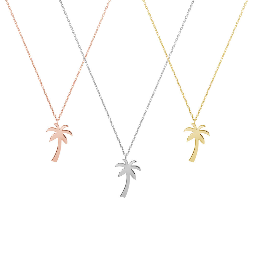 All Three Options Of The Dainty Palm Tree Pendant Necklace in Solid Gold