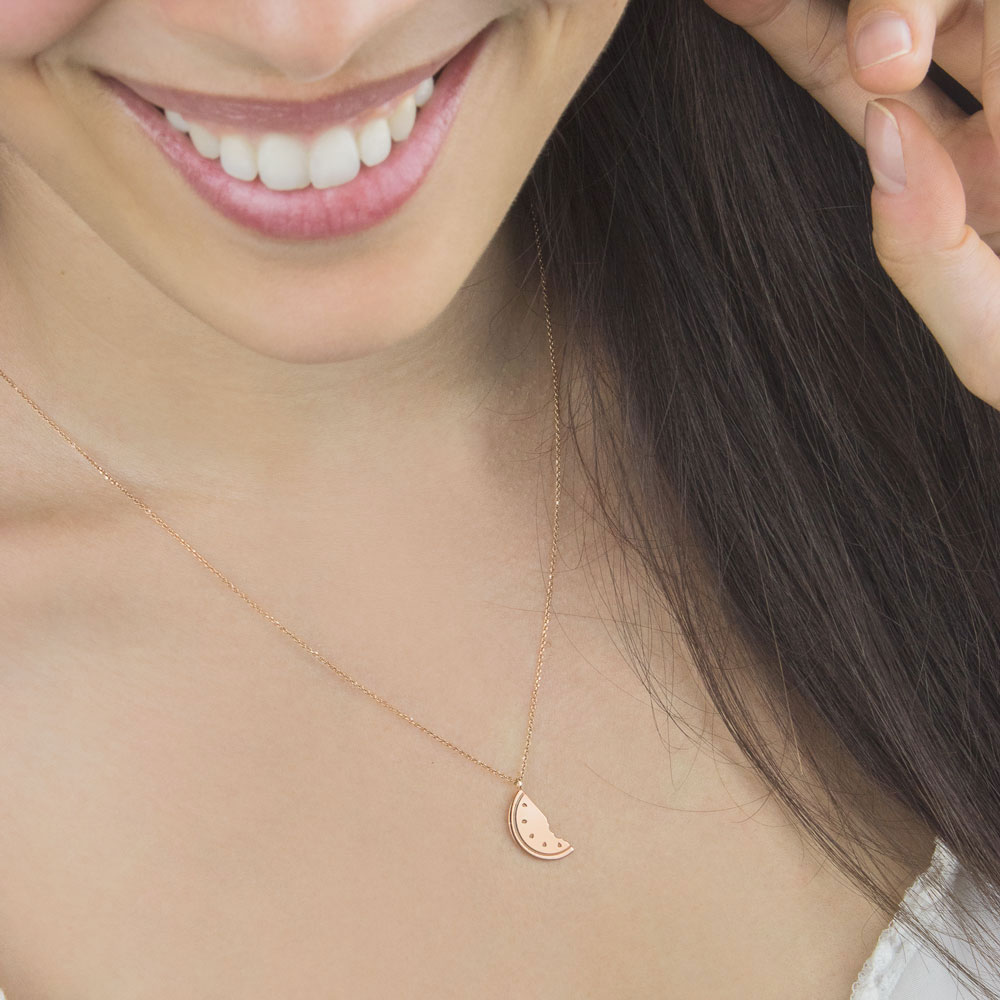 Sweet Watermelon Pendant Necklace in Rose Gold Worn By A Woman