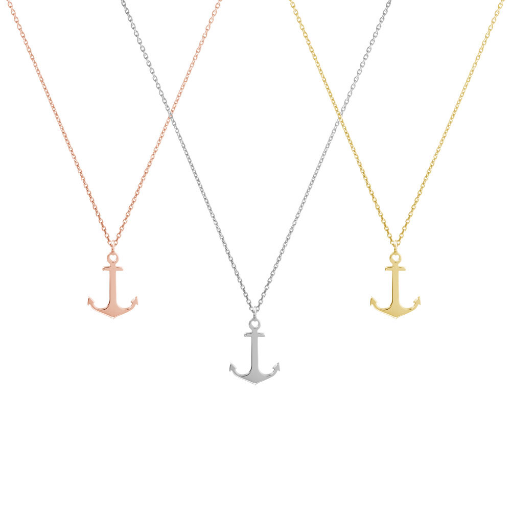 All Three Options Of A Small Anchor Pendant Necklace In Yellow Gold