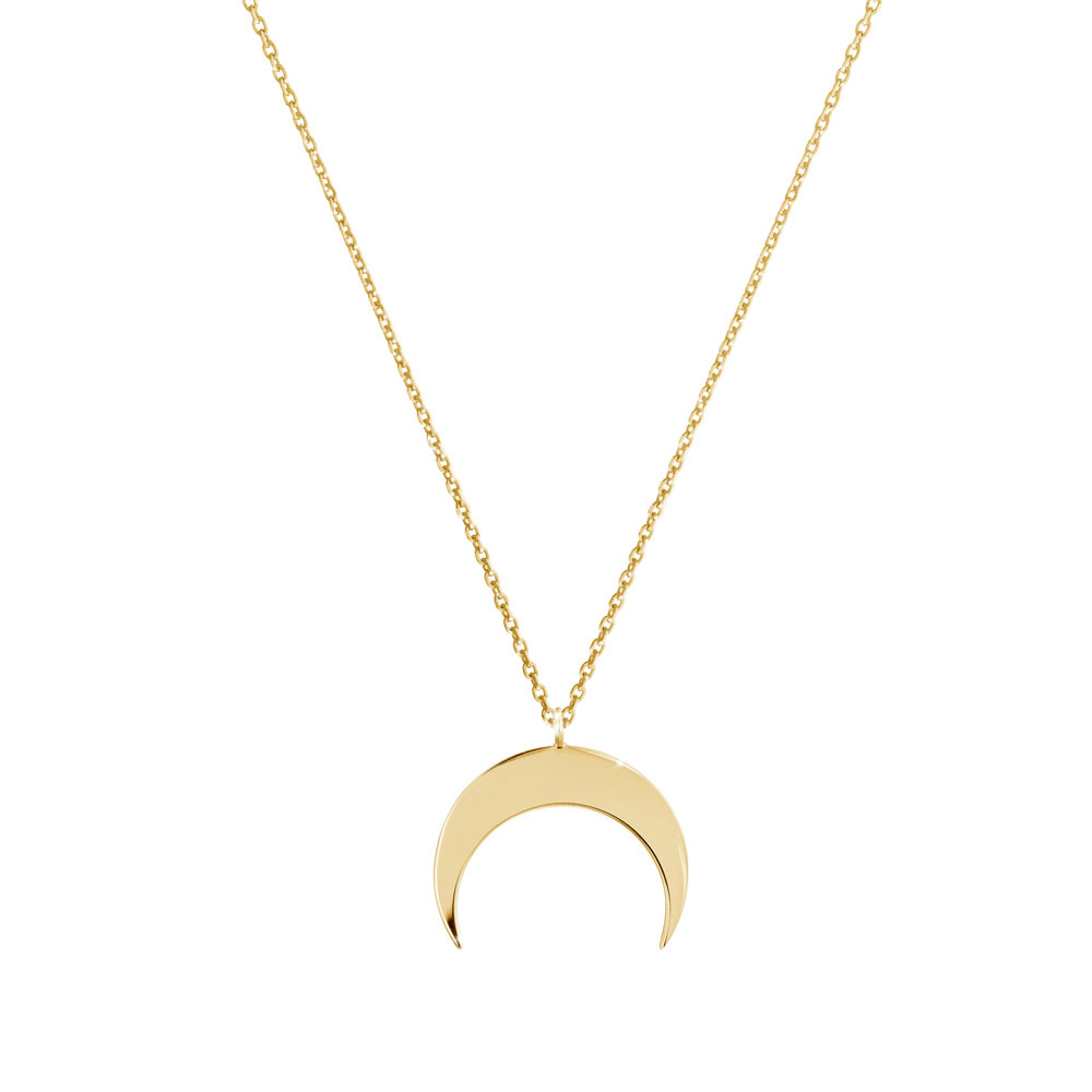 Double Horn, Crescent Moon Pendant Necklace In Yellow Gold