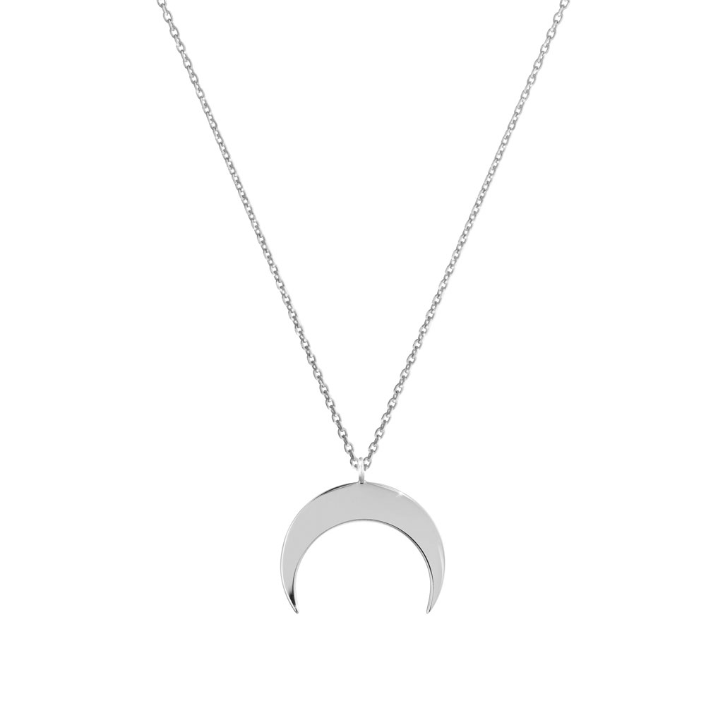 Double Horn, Crescent Moon Pendant Necklace in White Gold
