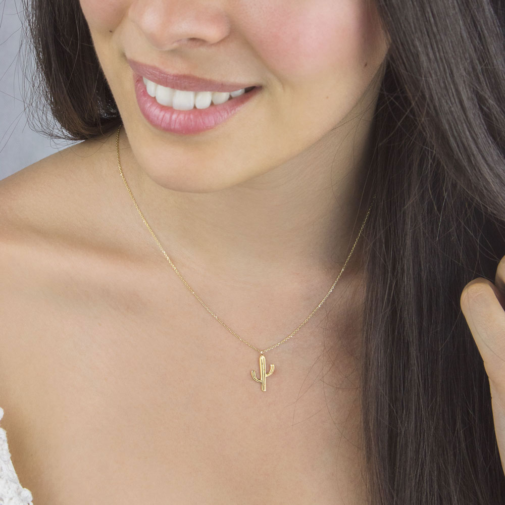 Special Cactus Pendant Necklace in Yellow Gold Worn By A Woman