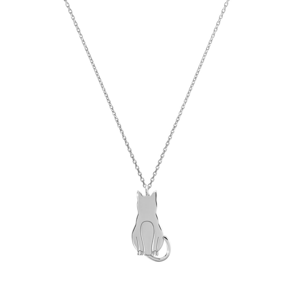Dainty Cat Pendant Necklace in White Gold
