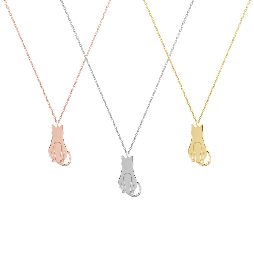 All Three Options Of The Dainty Cat Pendant Necklace in Solid Gold