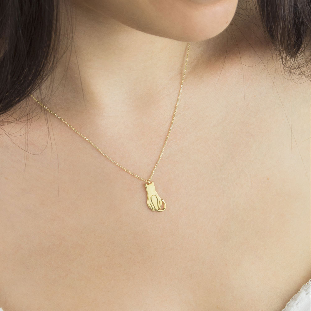 Dainty Cat Pendant Necklace in Yellow Gold Worn By A Woman