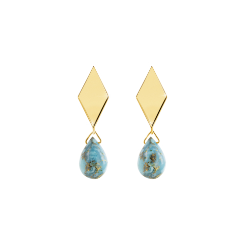 Rhombus Gold Studs with a Small Stabilized Turquoise in Yellow Gold