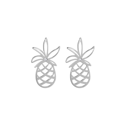 Dainty Pineapple with a Tiny White Diamond Stud Earrings In White Gold